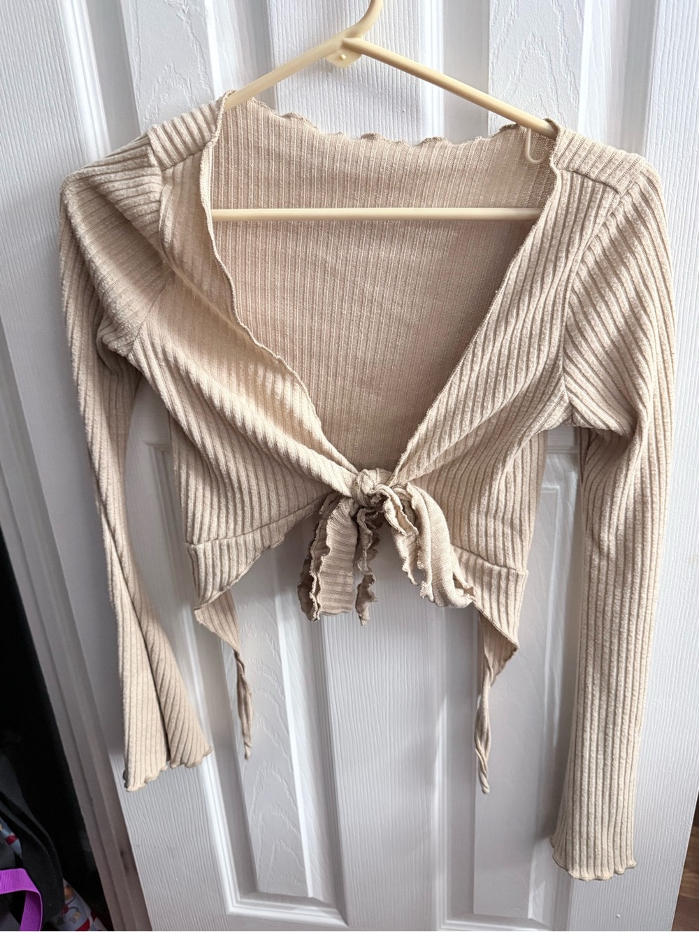 Tie-Front Ribbed Long Sleeve Top - Cream